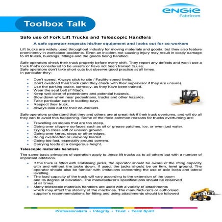 TOOLBOX TALK | safe use of lift trucks and telehandlers