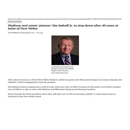 Madison real estate "pioneer' Jim Imhoff to step down after 40 years at the helm of First Weber  - still active in First Weber's leadership