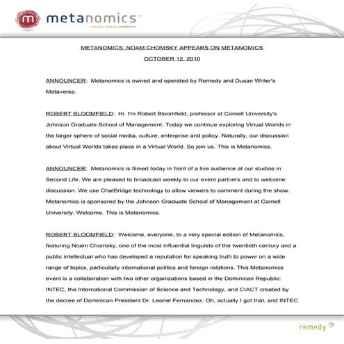 Noam chomsky appears on metanomics