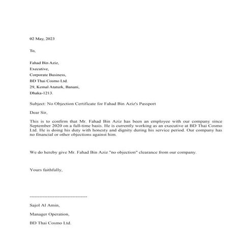 NOC for Passport from Company