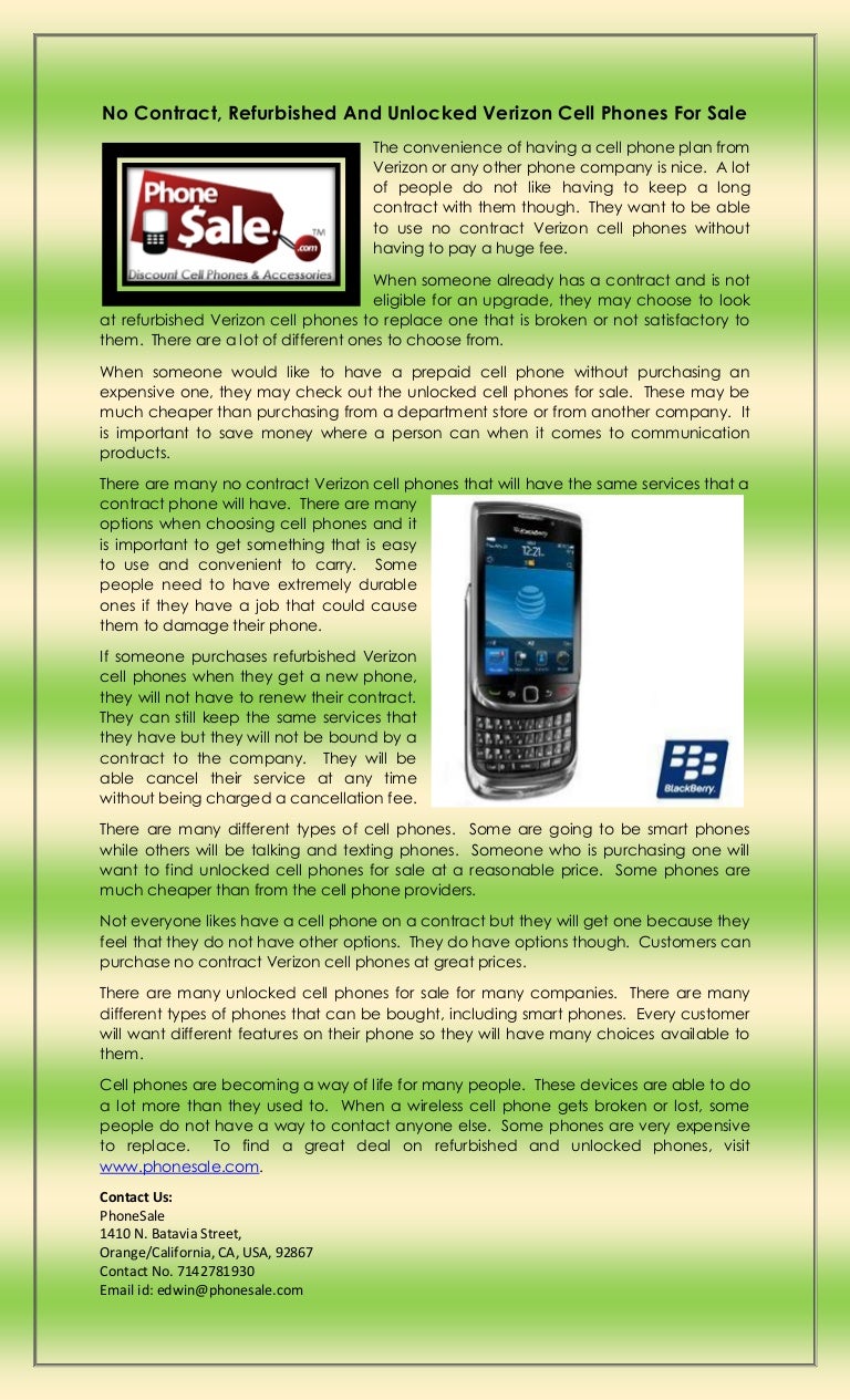 No contract, refurbished and unlocked verizon cell phones for sale