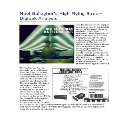 Noel Gallagher’s High Flying Birds – Digipak Analysis