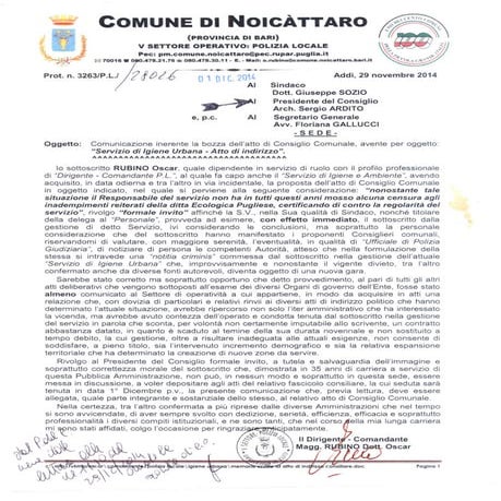 Noicattaro. nota del dirigente rubino