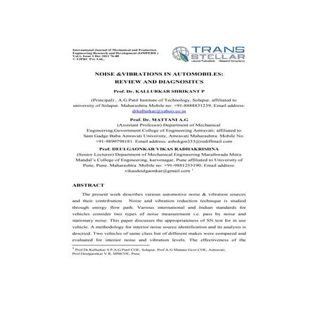 Noise and vibrations in automobiles review and diagnostics ijmperd 2011
