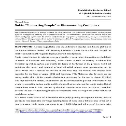 Nokia- Connecting People or Disconnecting Customers (2012), A case study on N...