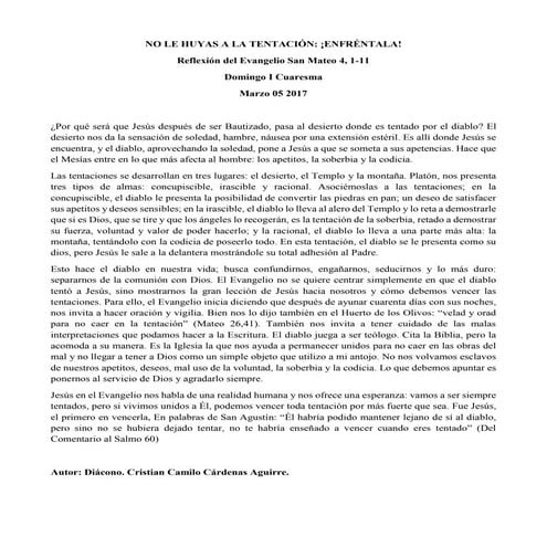 No le huyas a la tentación enfréntala. san mateo 4, 1 11. autor, diácono cristian camilo cárdenas aguirre