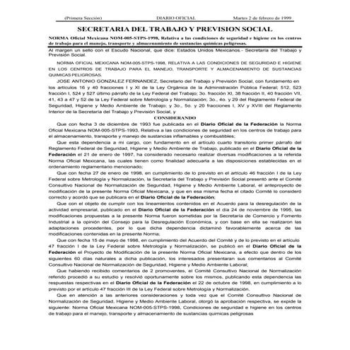 NORMA Oficial Mexicana NOM-005-STPS-1998, Relativa a las condiciones de ...