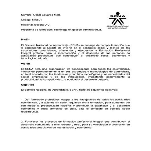 MISIÓN, VISIÓN Y OBJETIVOS DEL SENA