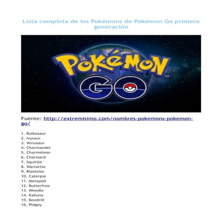 Nombre de los 151 Pokémons en Pokémon Go