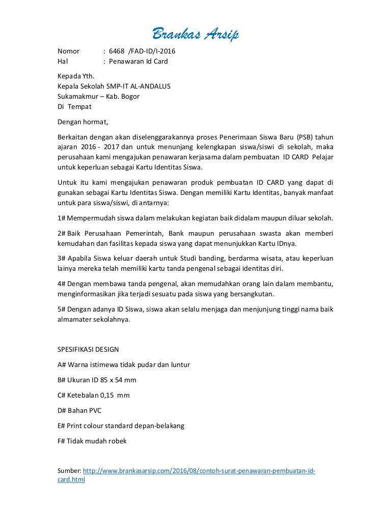 surat penawaran jasa pembuatan id card surat penawaran jasa pembuatan id card