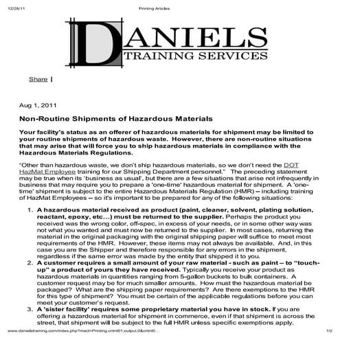 Non Routine Shipments of HazMat