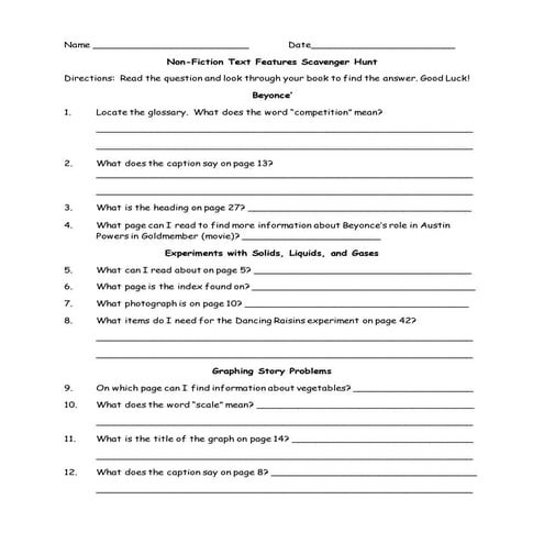 Nonfiction text features scavenger hunt