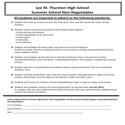 THS Summer School Non-Negotiables