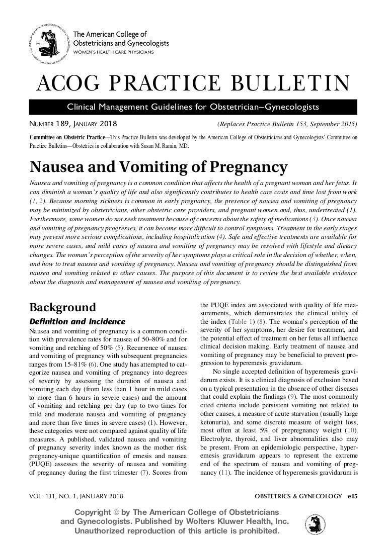 Non nghen trong thai ky - nausea and vomiting of pregnancy - ACOG gui… Non nghen trong thai ky - nausea and vomiting of pregnancy - ACOG gui…