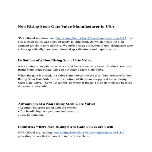 Non Rising Stem Gate Valve Manufacturer in USA.ppt