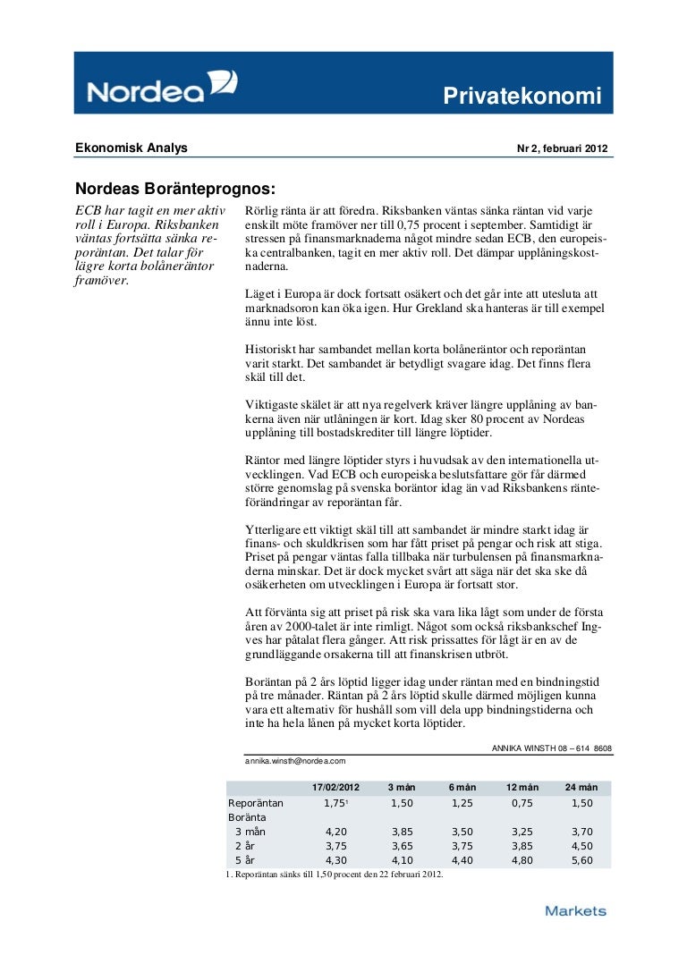 Nordea Boränteprognos februari 2012