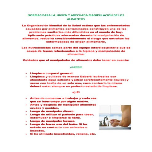 Normas para la  higien y adecuada manipulacion de los alimentos