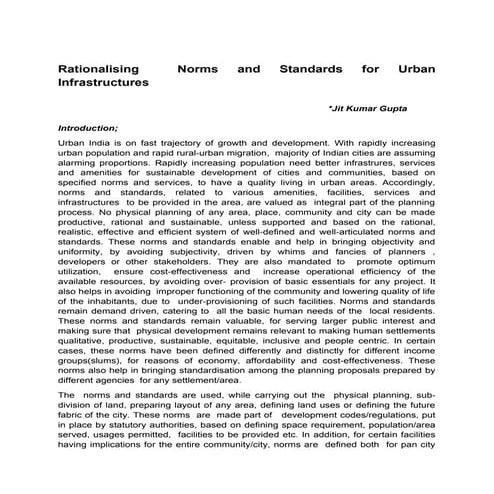 Rationalising norms and Standards for Urban Infrastructures