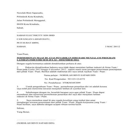 surat mohon maaf menolak tawaran latihan industri