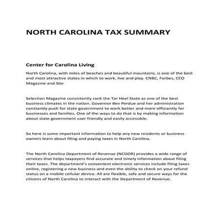 NORTH CAROLINA TAX SUMMARY