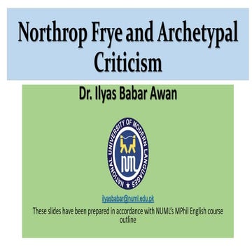 Northrop Frye and Archetypal Criticism: These slides cover the basic concepts of Northrop Frye’s Criticism.