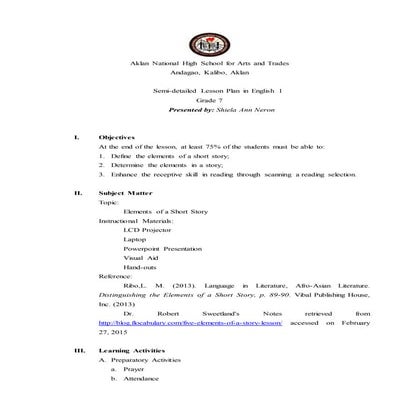 lesson plan in 3 Basic elements of a short story with examples