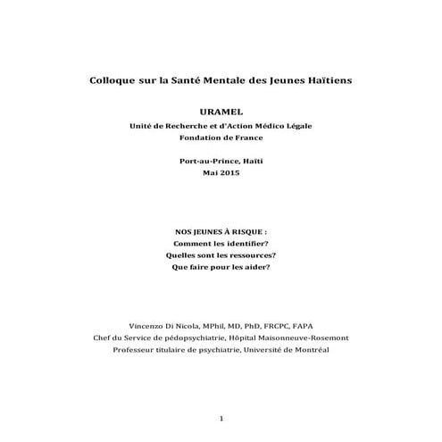 "Nos jeunes à risque" - Colloque en Haiti - URAMEL - 26.05.2015