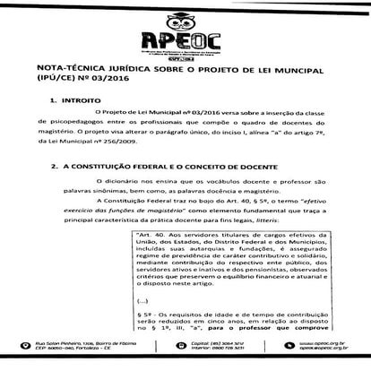 Nota técnica jurídica sobre o projeto de lei municipal (ipu-ce) nº 03-2016