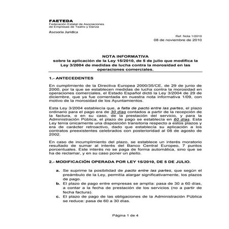 Nota 1 2010-sobre aplicación ley 15-2010 lucha contra la morosidad