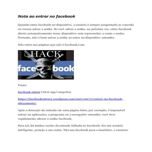 Nota ao entrar no facebook