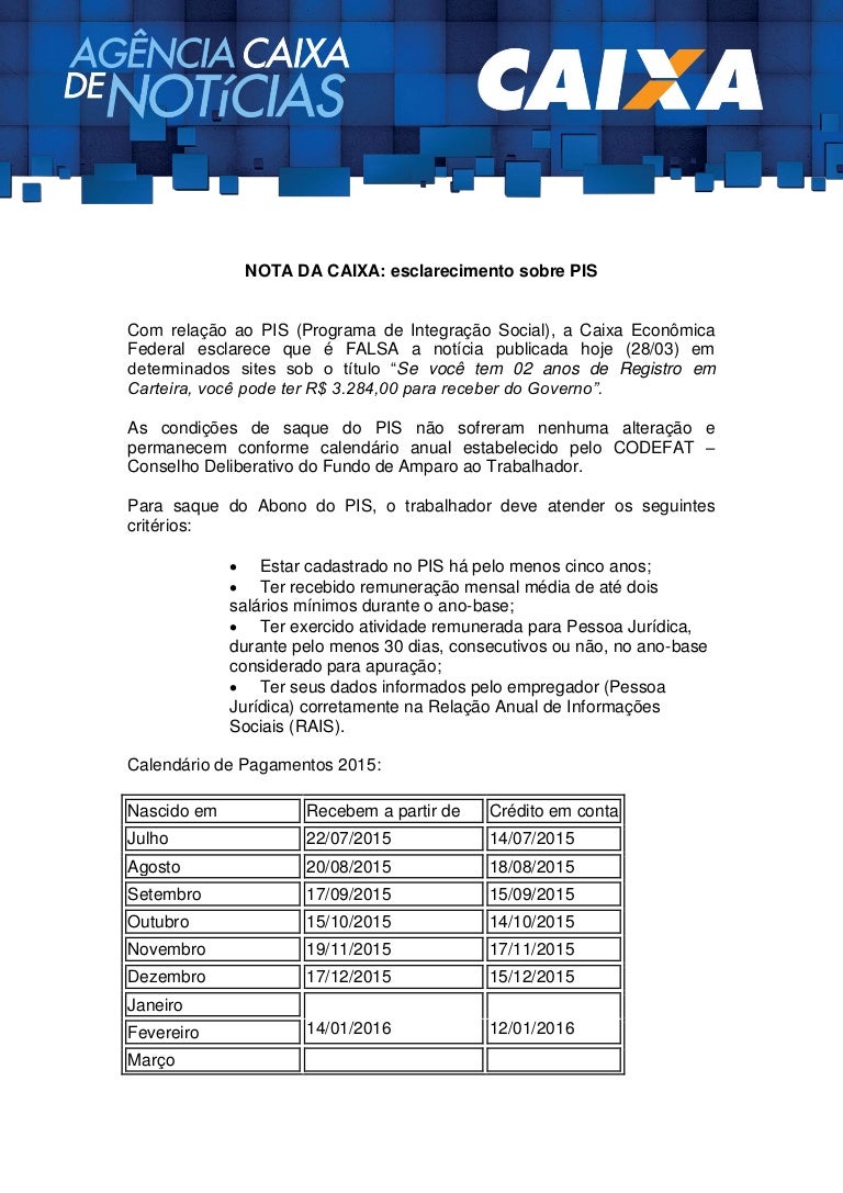 NOTA DA CAIXA Esclarecimento Sobre PIS