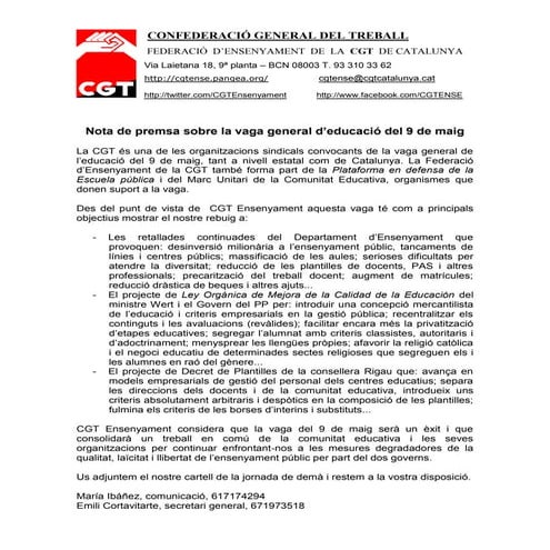 Nota de premsa CGT vaga 9 de maig