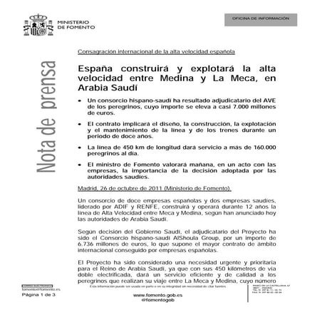 Ministerio de Fomento, nota de prensa