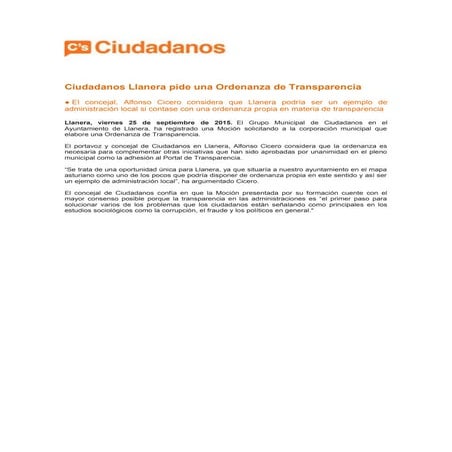 Cs Llanera pide Ordenanza de Transparencia