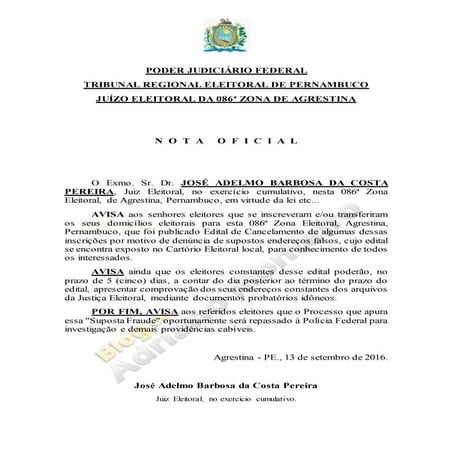 Nota Oficial do Cartório da 86ª Zona Eleitoral de Agrestina 