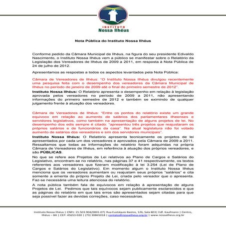 Nota Pública Instituto Nossa Ilhéus 26jul2012