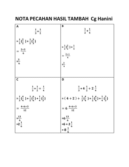 Nota pecahan hasil tambah 