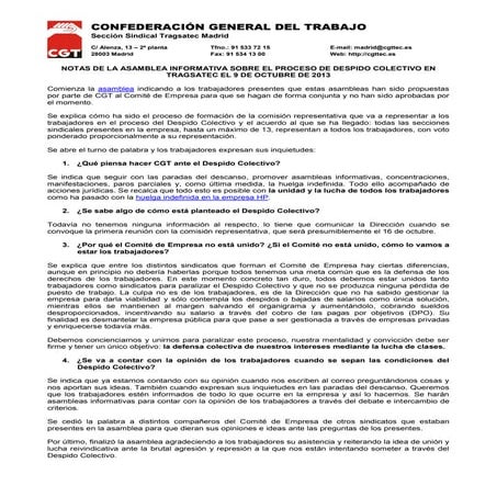 Notas de la asamblea informativa sobre el proceso de Despido Colectivo en Tra...