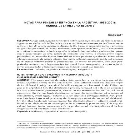 NOTAS PARA PENSAR LA INFANCIA EN LA ARGENTINA (1983-2001): FIGURAS DE LA HIST...