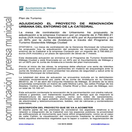 ADJUDICADO EL PROYECTO DE RENOVACIÓN URBANA DEL ENTORNO DE LA CATEDRAL