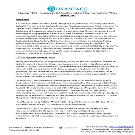 Summary of 12 th International Entrepreneurship Conference Vilnius 2013