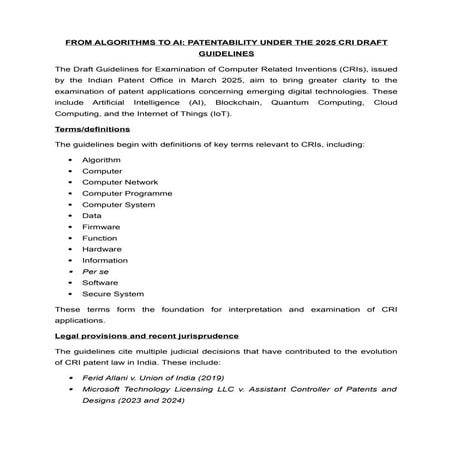 PATENTABILITY UNDER THE 2025 CRI DRAFT GUIDELINES