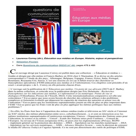 Note de lecture Laurence Corroy Education aux medias en Europe. Histoire, enjeux et perspectives