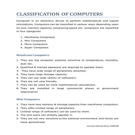 classifacation of computer
