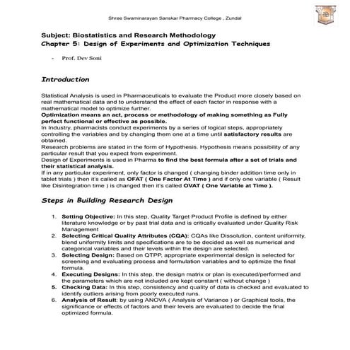 Design of Experiments and Optimization Techniques
