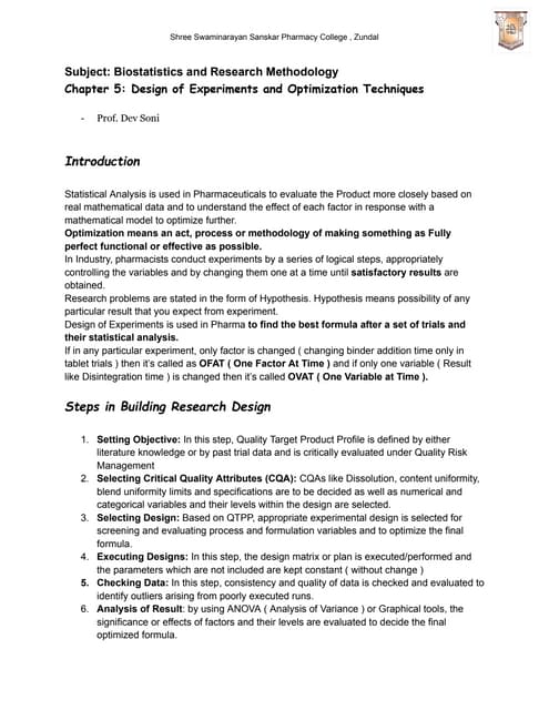 Design of Experiments and Optimization Techniques