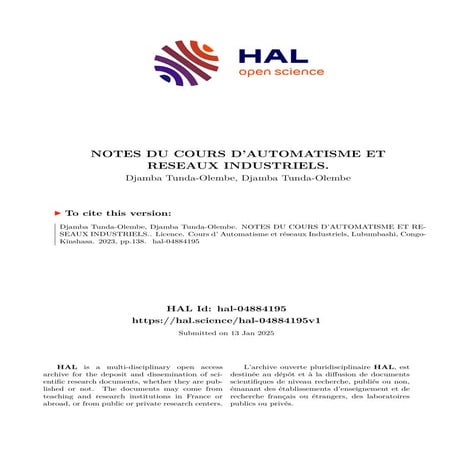 TUNDA OLEMBE DJAMBA,     NOTES DU COURS AUTOMATISMES ET RESEAUX INDUSTIRIELS....