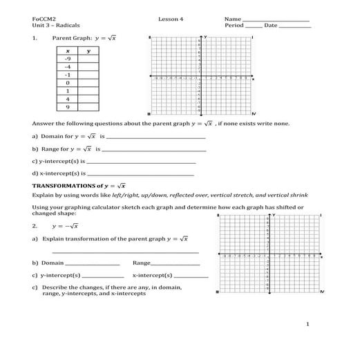 Class notes for discovering transformation of the parent graph for the square...