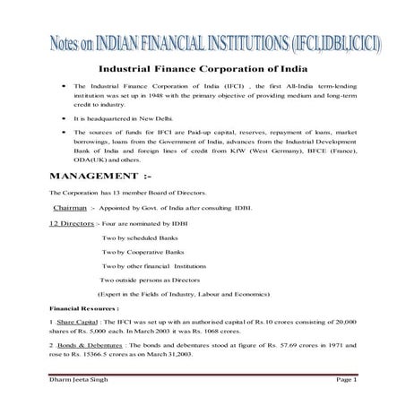 Notes of idbi, ifci, icici