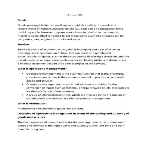 operation Management Notes  (Businesses)
